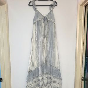 Splendid Ruffle Strap Front Adjustable Tie Maxi Tier navy White Stripe Dress  XL